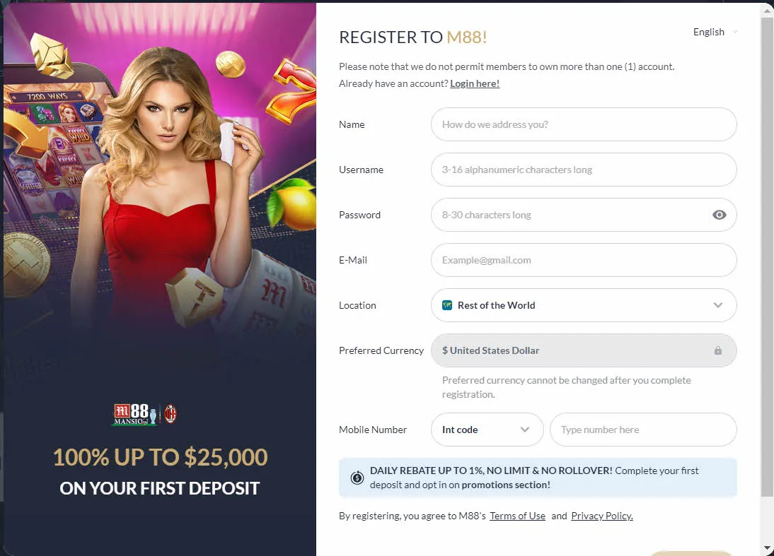 Register to experience betting at M88